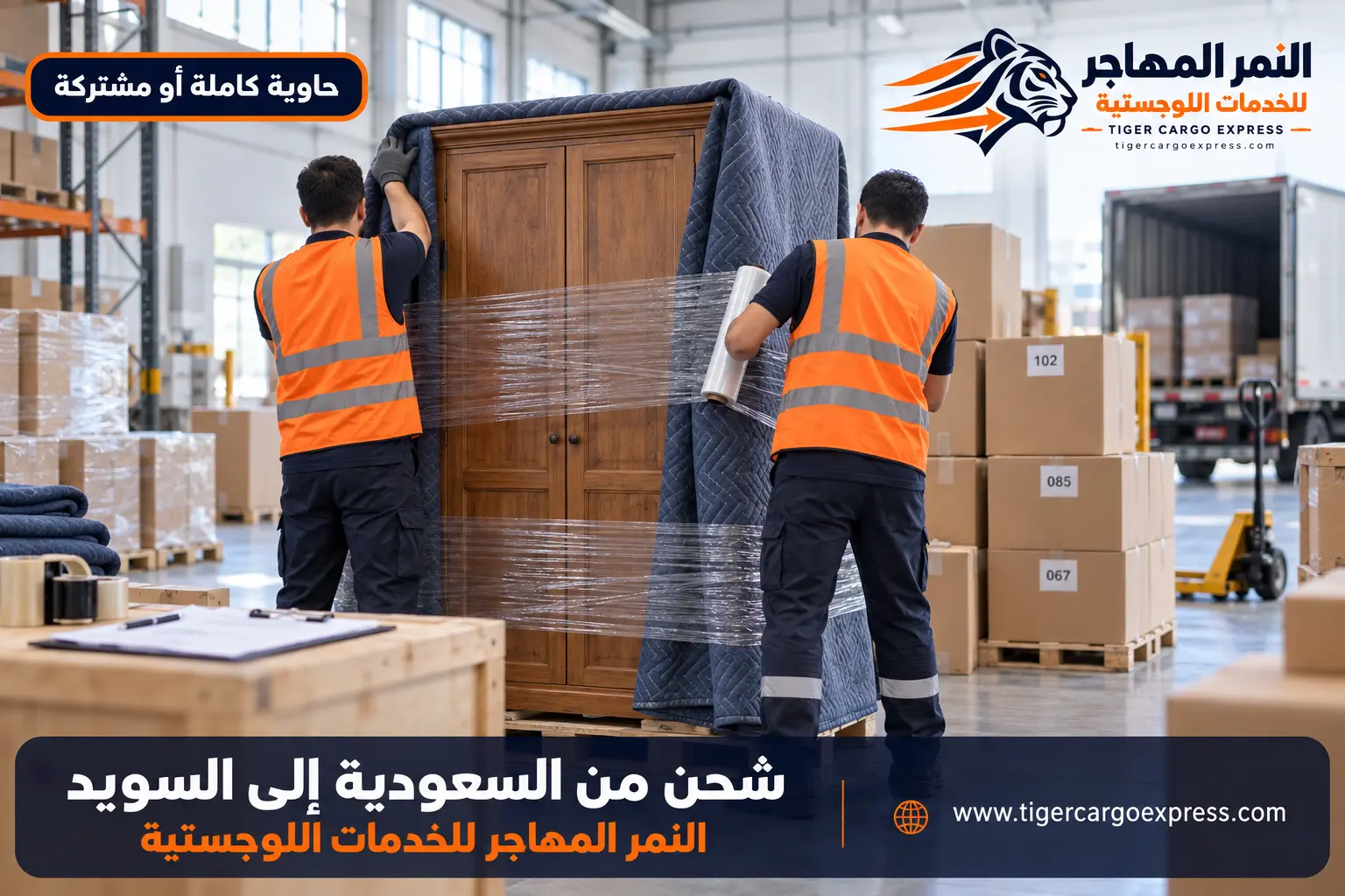 نقل عفش من السعودية إلى السويد — تغليف احترافي وجرد مرقّم