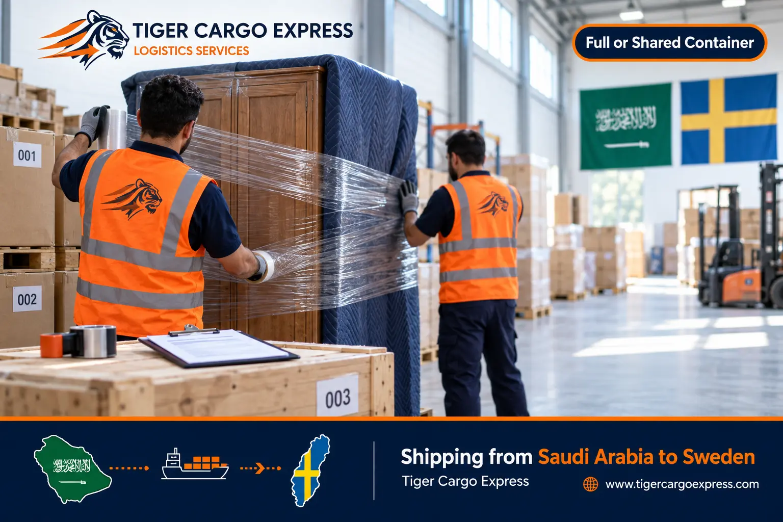 Furniture moving from Saudi Arabia to Sweden with professional packing and a numbered inventory