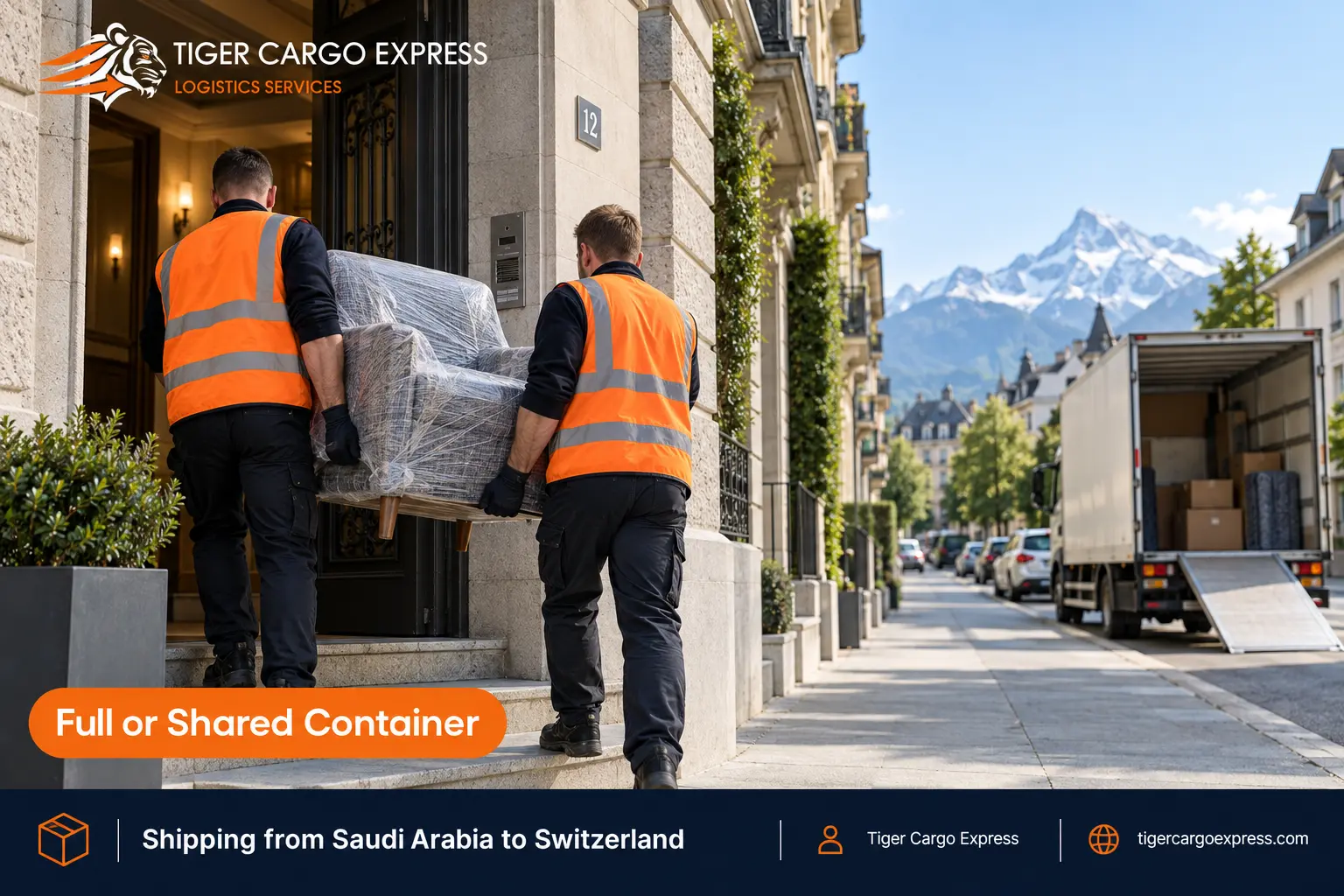 Furniture moving from Saudi Arabia to Switzerland with delivery at a narrow street building entrance