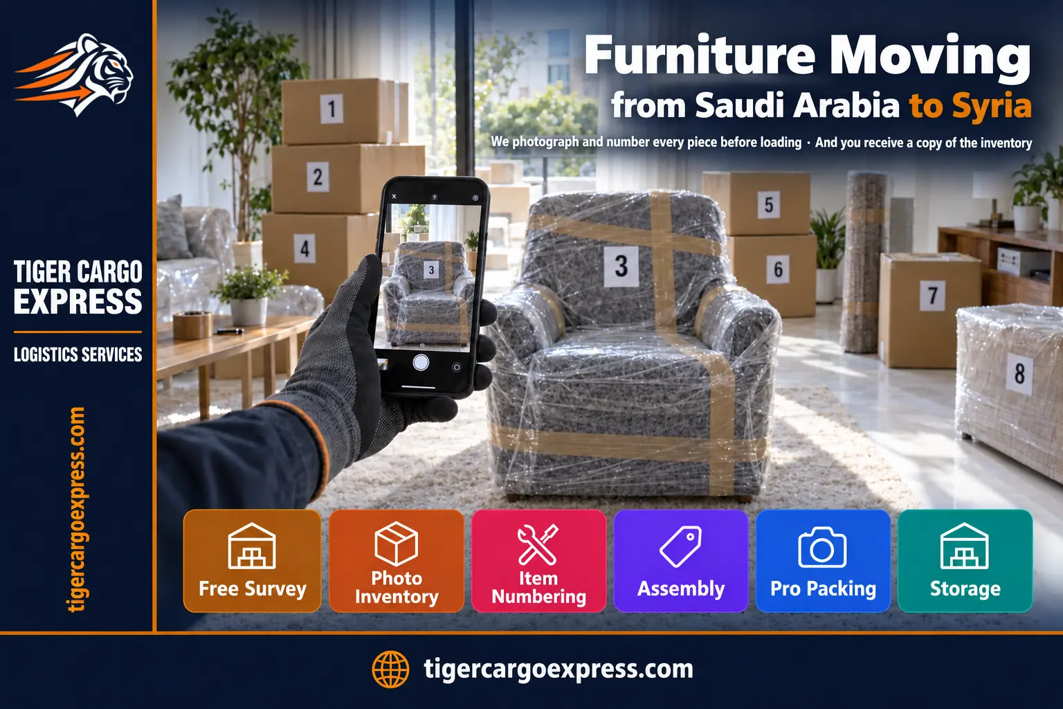 Furniture moving from Saudi Arabia to Syria — a photo inventory of every piece before loading