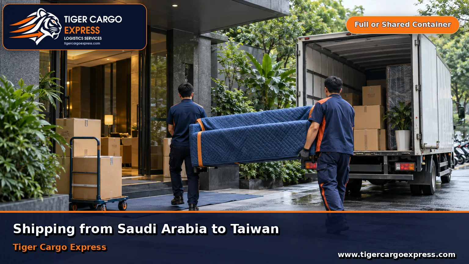Furniture moving from Saudi Arabia to Taiwan with delivery at a residential building in a Taiwanese city