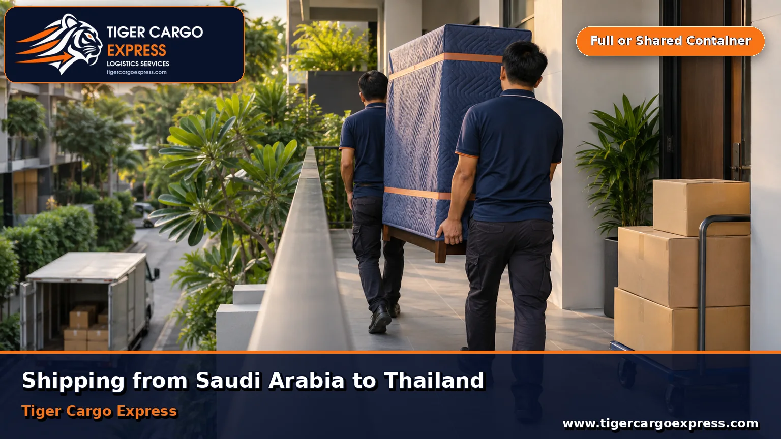 Furniture moving from Saudi Arabia to Thailand with delivery at a modern low-rise apartment building in Bangkok