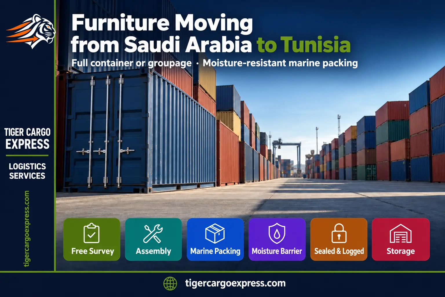 Furniture moving from Saudi Arabia to Tunisia — containers waiting to sail