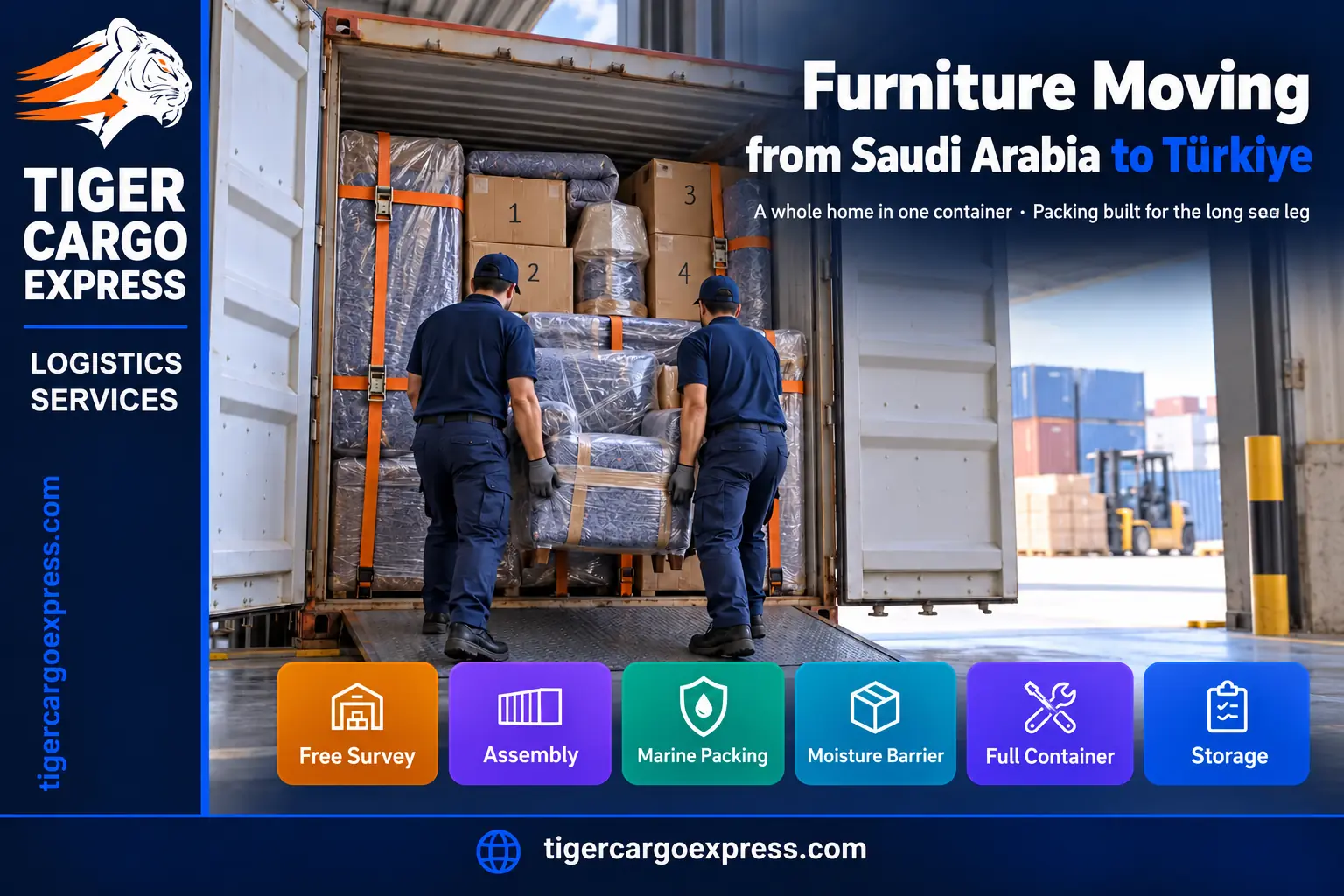 Furniture moving from Saudi Arabia to Türkiye — loading a whole home into one container