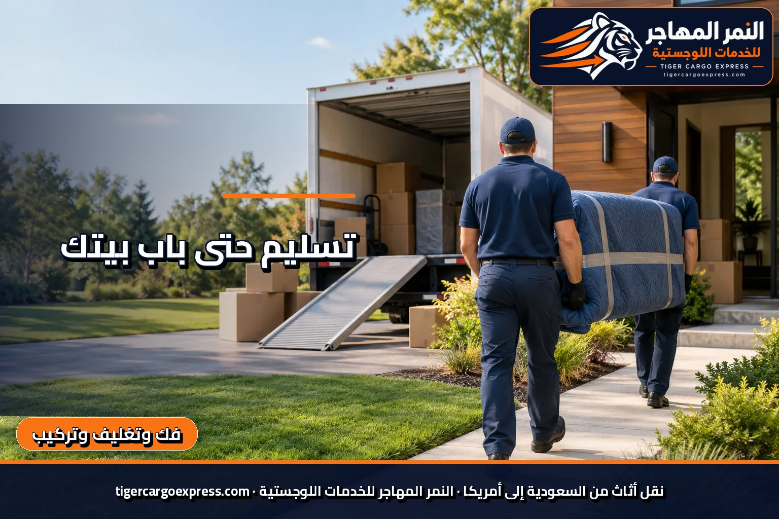 نقل أثاث من السعودية إلى أمريكا وتسليم أمام بيت في الضواحي