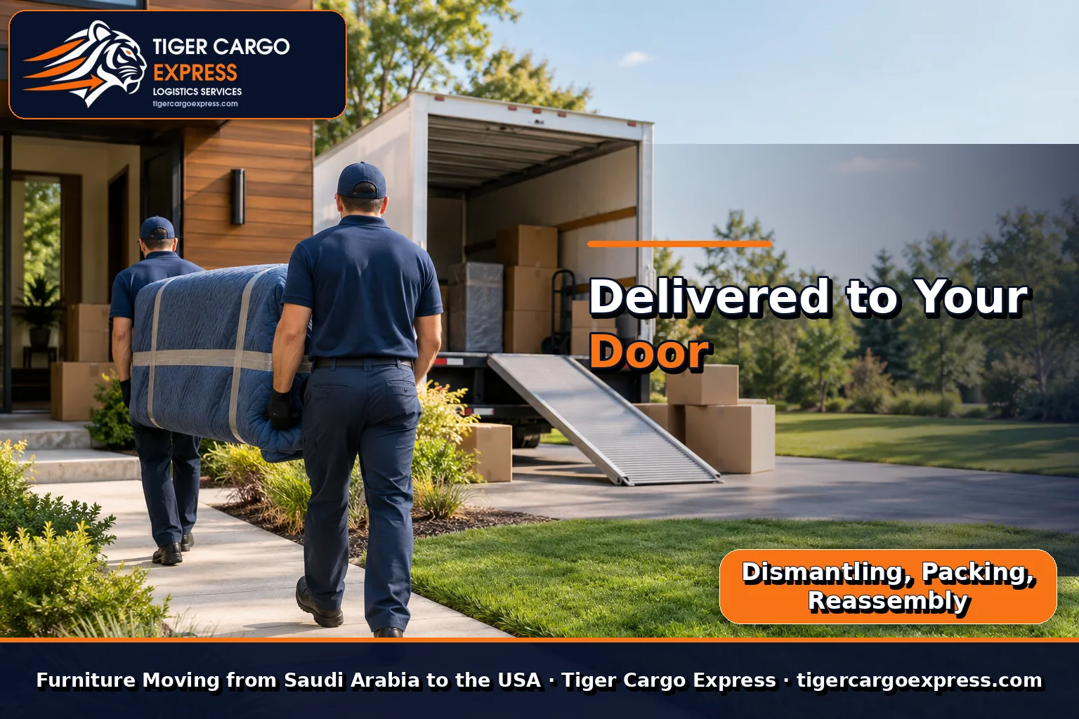 Furniture moving from Saudi Arabia to the USA with delivery outside a suburban house