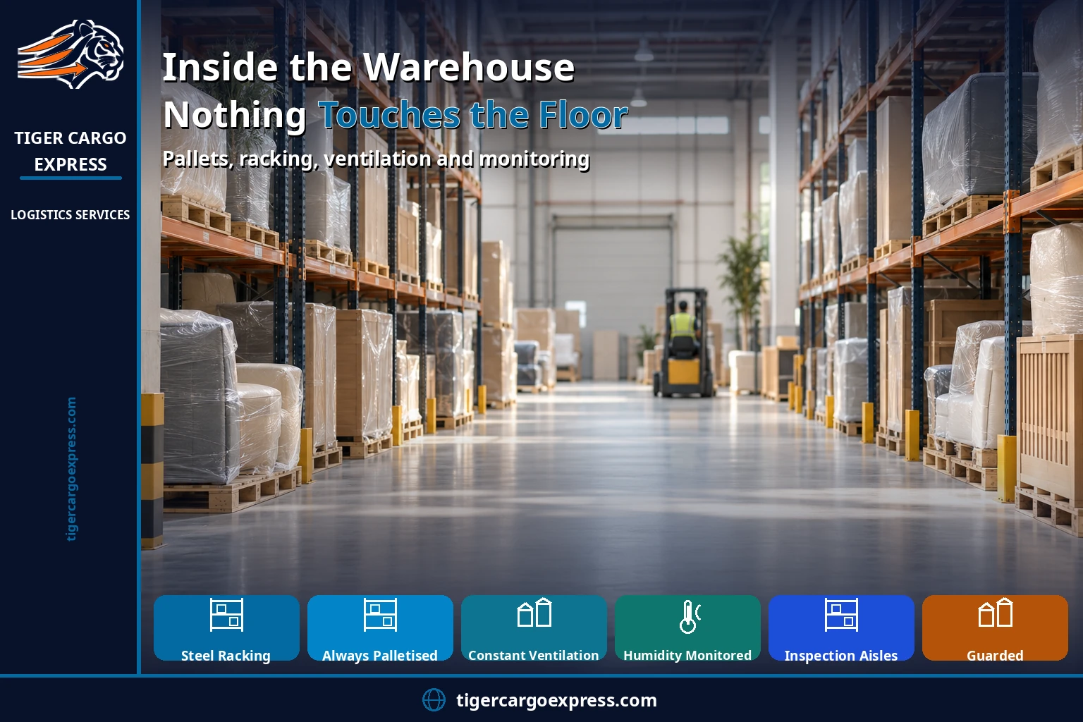 Inside the warehouse — nothing touches the floor