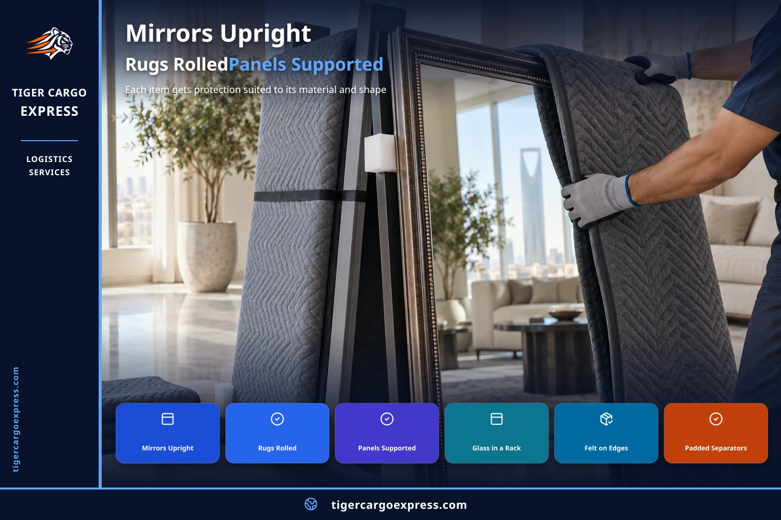 Mirrors upright, rugs rolled, timber flat