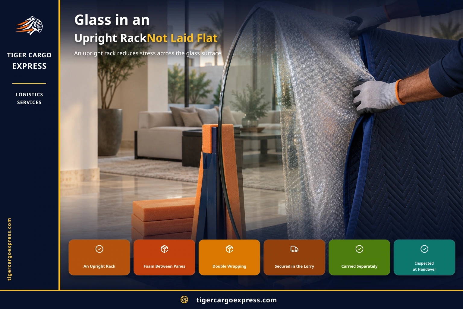 Glass in an upright rack, not laid flat