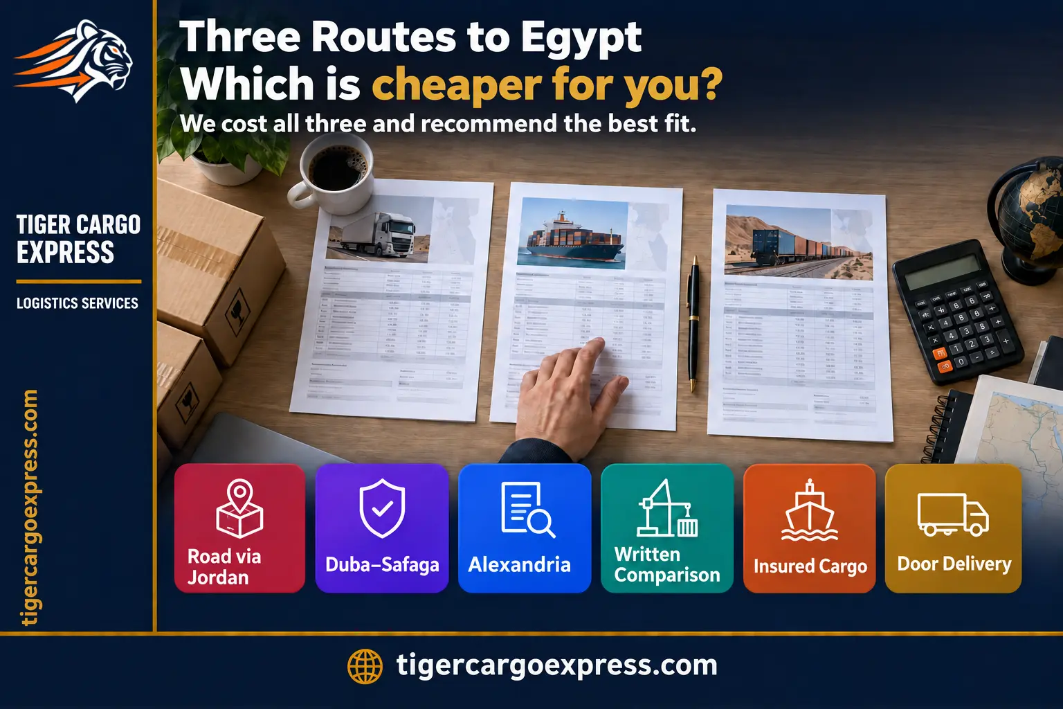 Three routes to Egypt: road via Jordan, Duba–Safaga, or Alexandria?