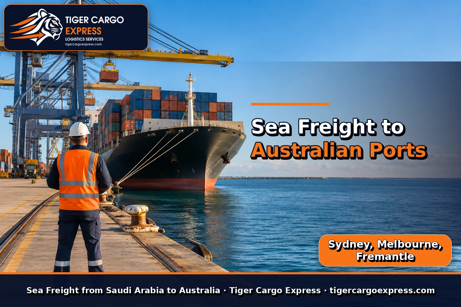 Sea freight from Saudi Arabia to Australian ports in sharp golden light