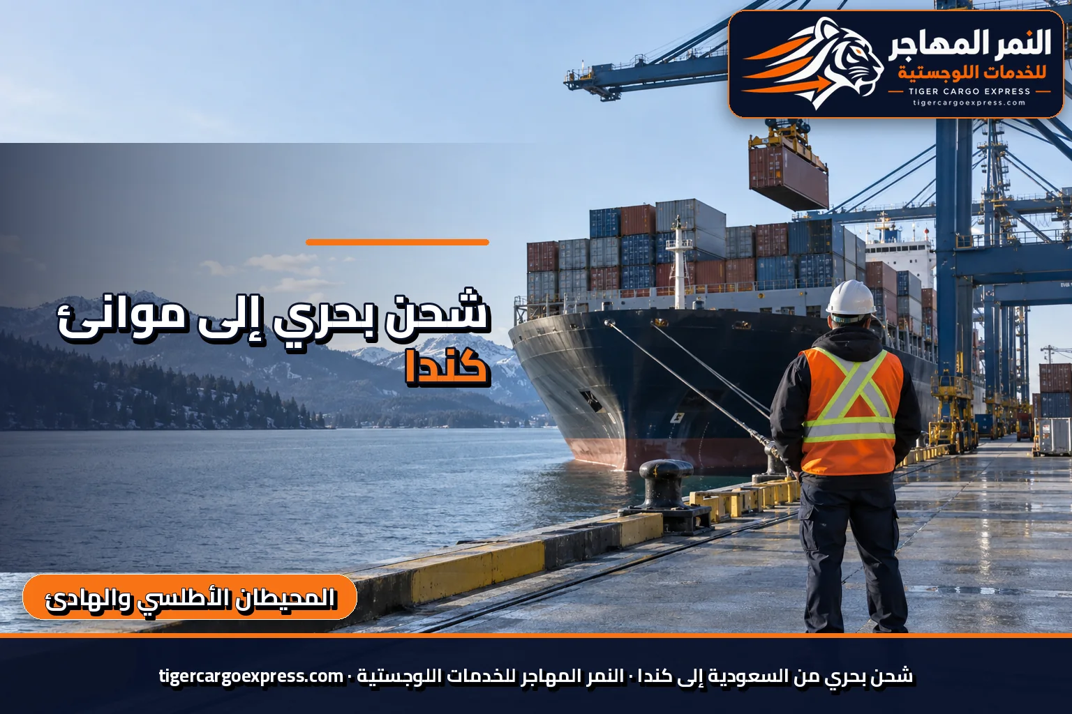 شحن بحري من السعودية إلى موانئ كندا ورافعات على الرصيف