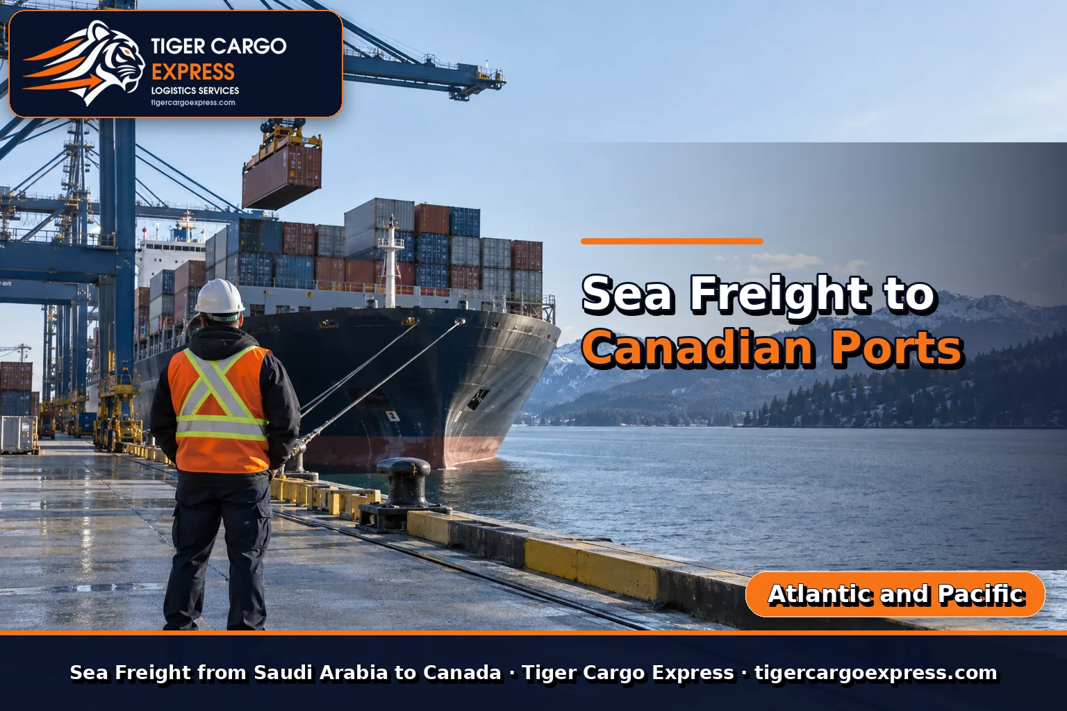 Sea freight from Saudi Arabia to Canadian ports with cranes on the quay