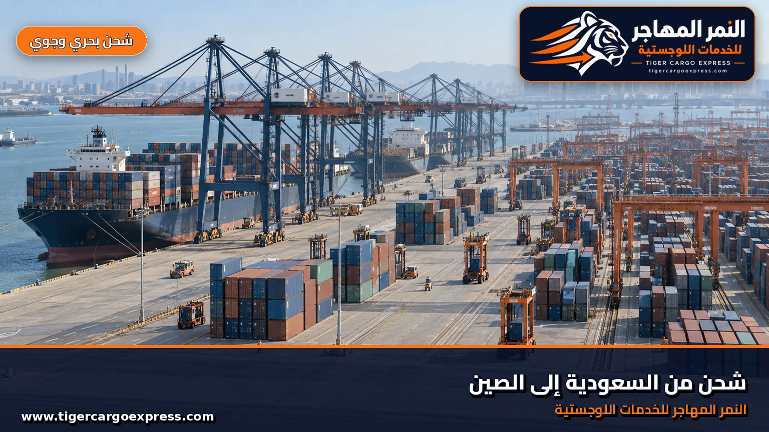 شحن بحري من السعودية إلى شنغهاي ومحطة حاويات ضخمة برافعات متتابعة