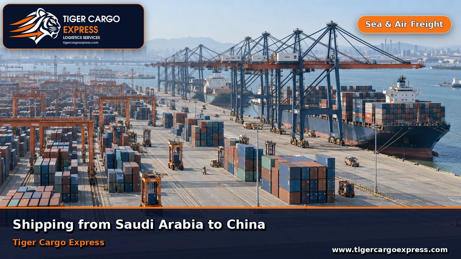 Sea freight from Saudi Arabia to Shanghai with a vast container terminal and rows of cranes