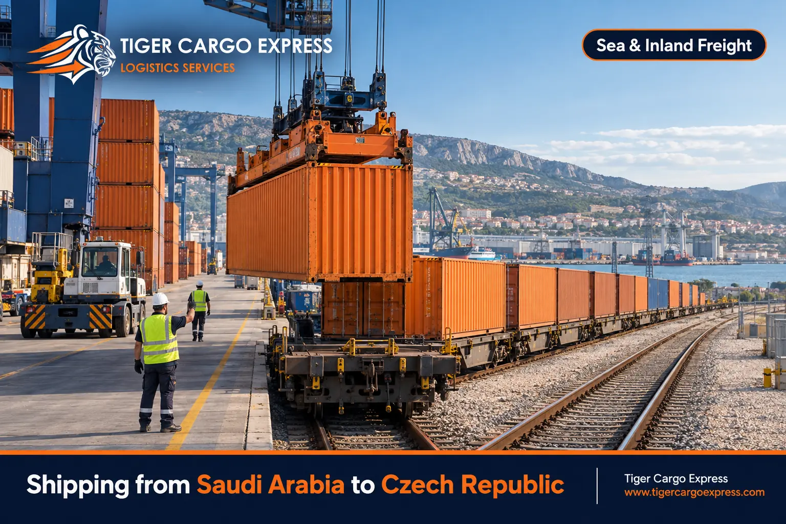 A container transferred from an Adriatic quay onto a freight train bound for Czechia