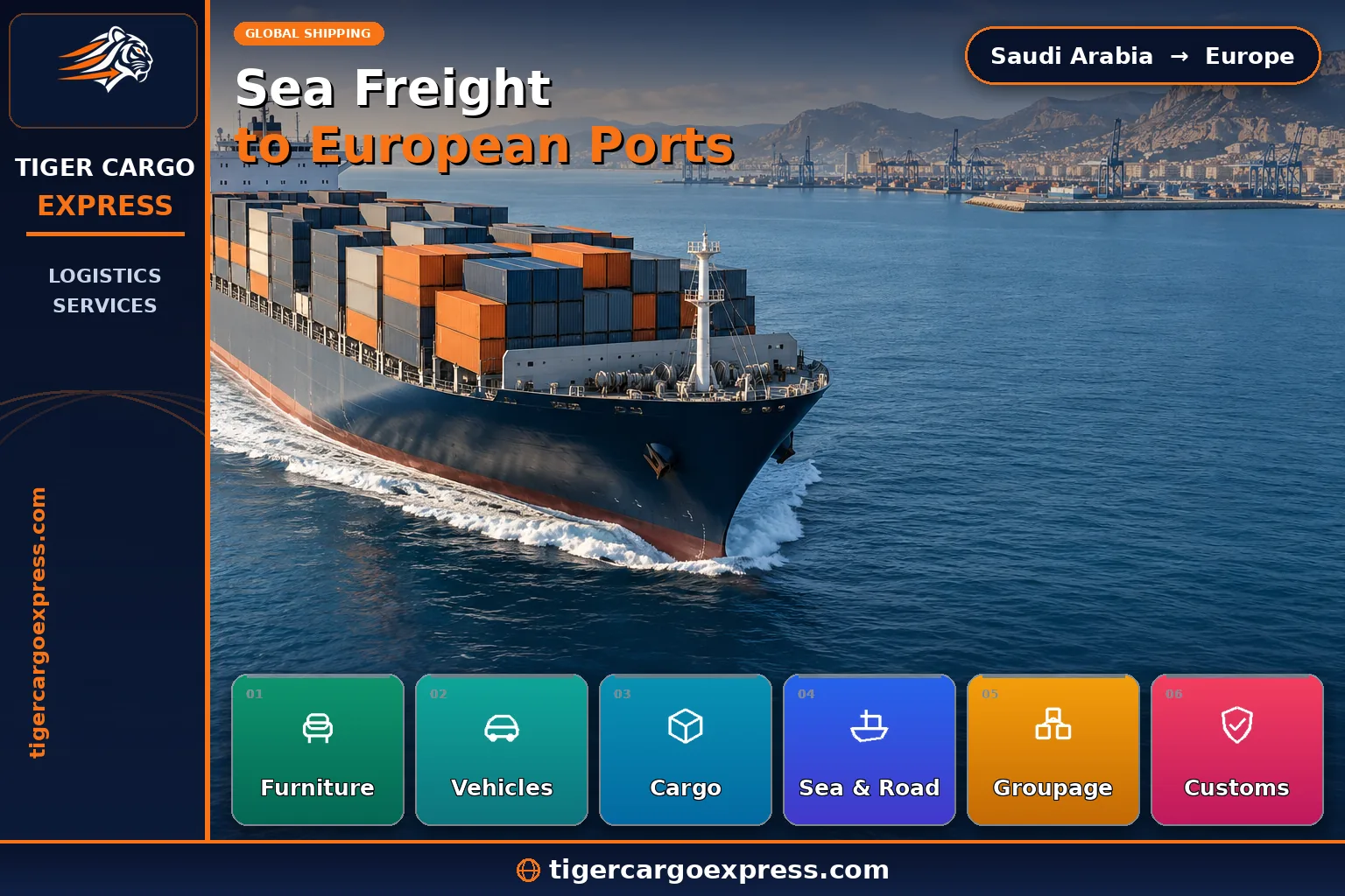 Sea freight from Saudi Arabia to European ports on the Mediterranean, North Sea and Baltic