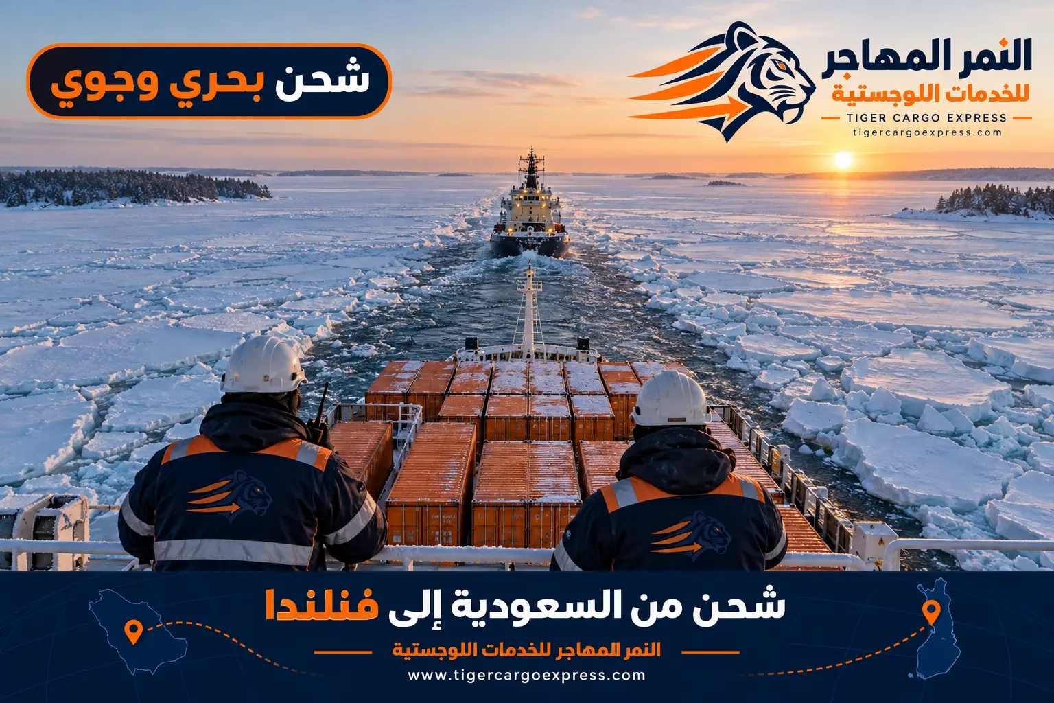 المسار البحري من السعودية إلى فنلندا وسفينة تتبع كاسحة جليد في ممر مفتوح