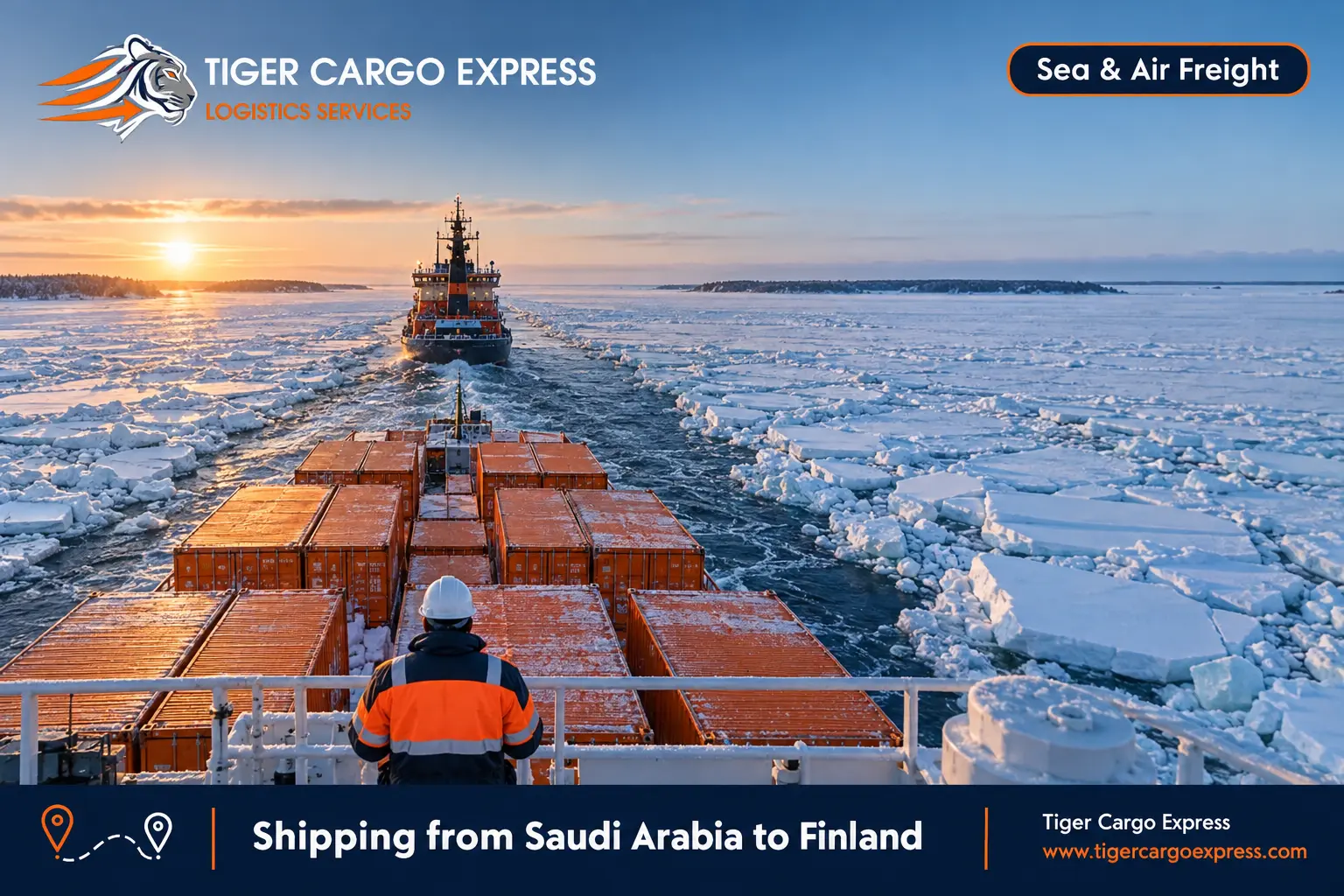The sea route from Saudi Arabia to Finland and a vessel following an icebreaker through an open channel