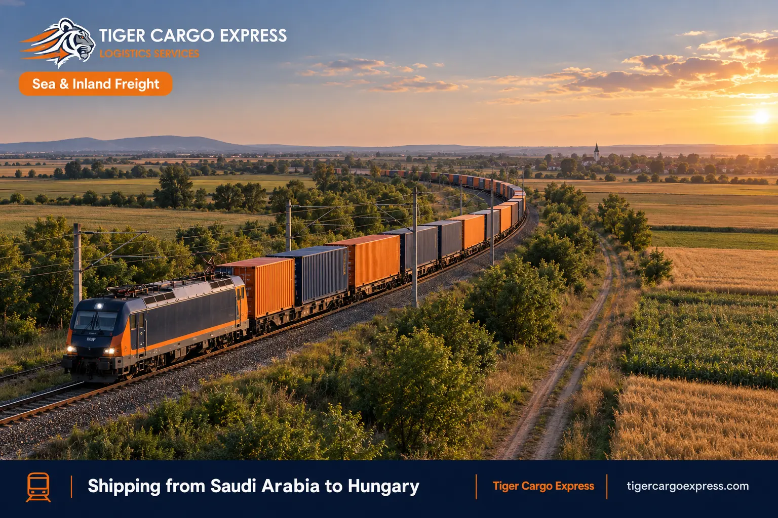 A container train crossing the Hungarian plain from the Adriatic ports