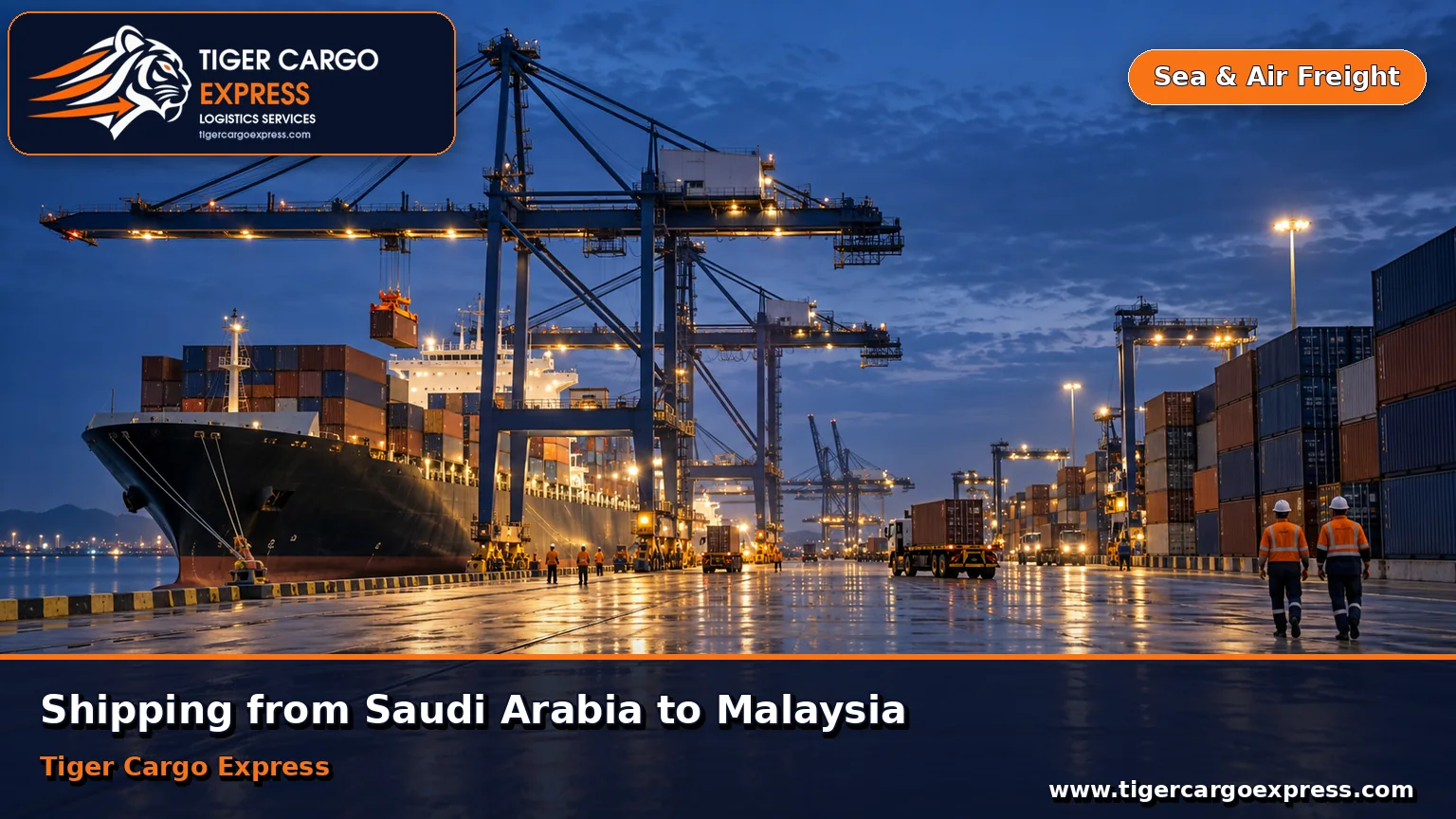 Sea freight from Saudi Arabia to Port Klang with modern container terminal cranes at dusk