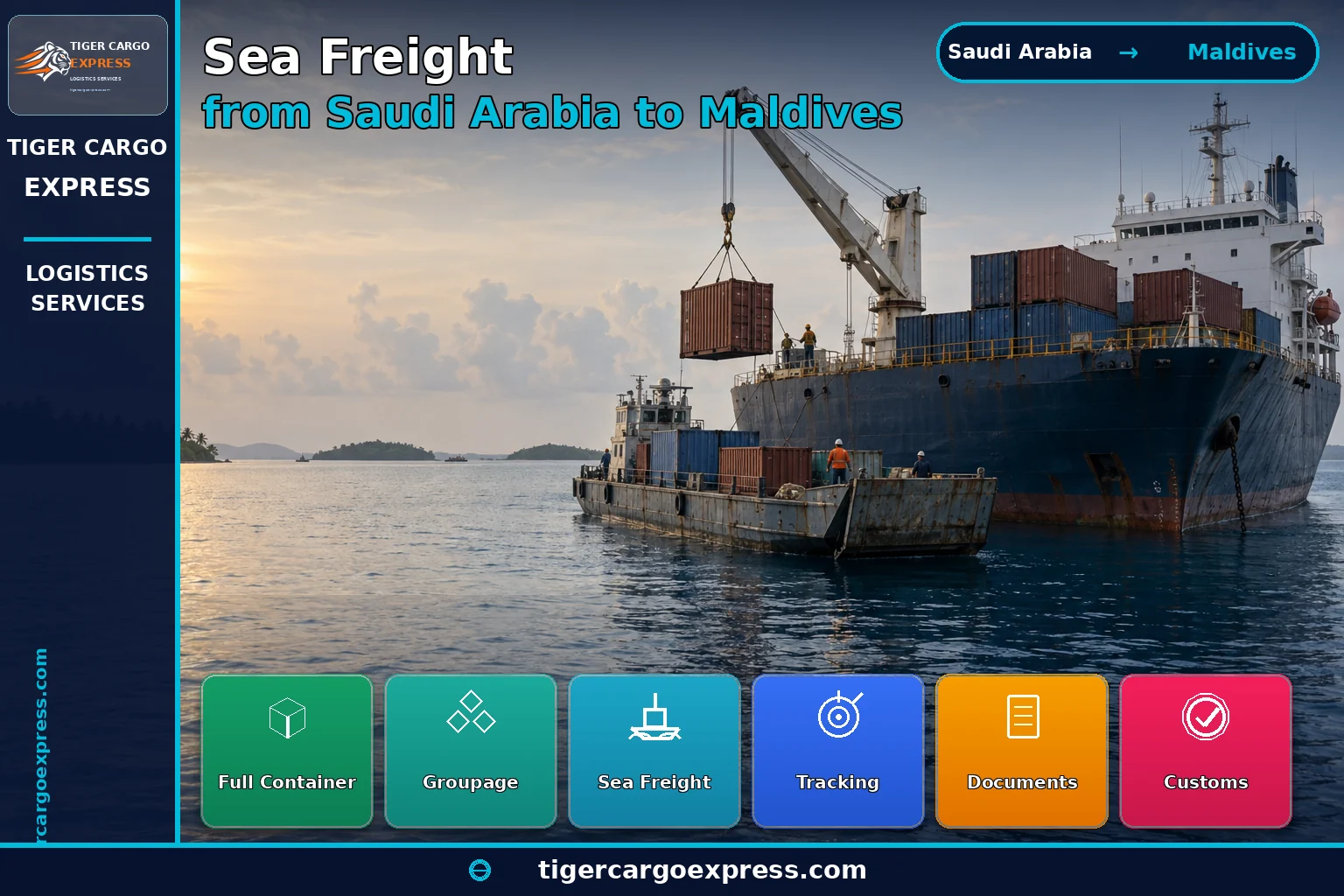 Sea freight from Saudi Arabia to the Maldives with cargo transferred to boats for the islands