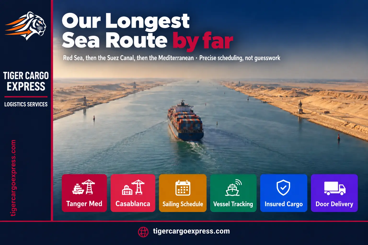 The sea route from Saudi Arabia to Morocco through the Suez Canal and the Mediterranean