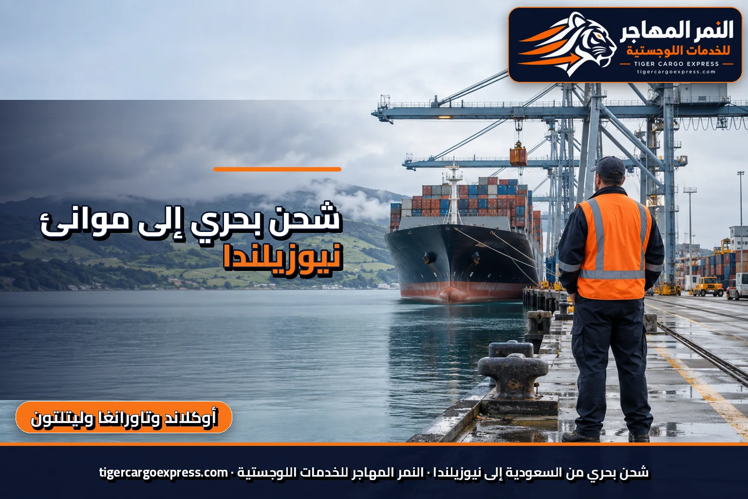 شحن بحري من السعودية إلى موانئ نيوزيلندا وتلال خضراء خلف الرصيف