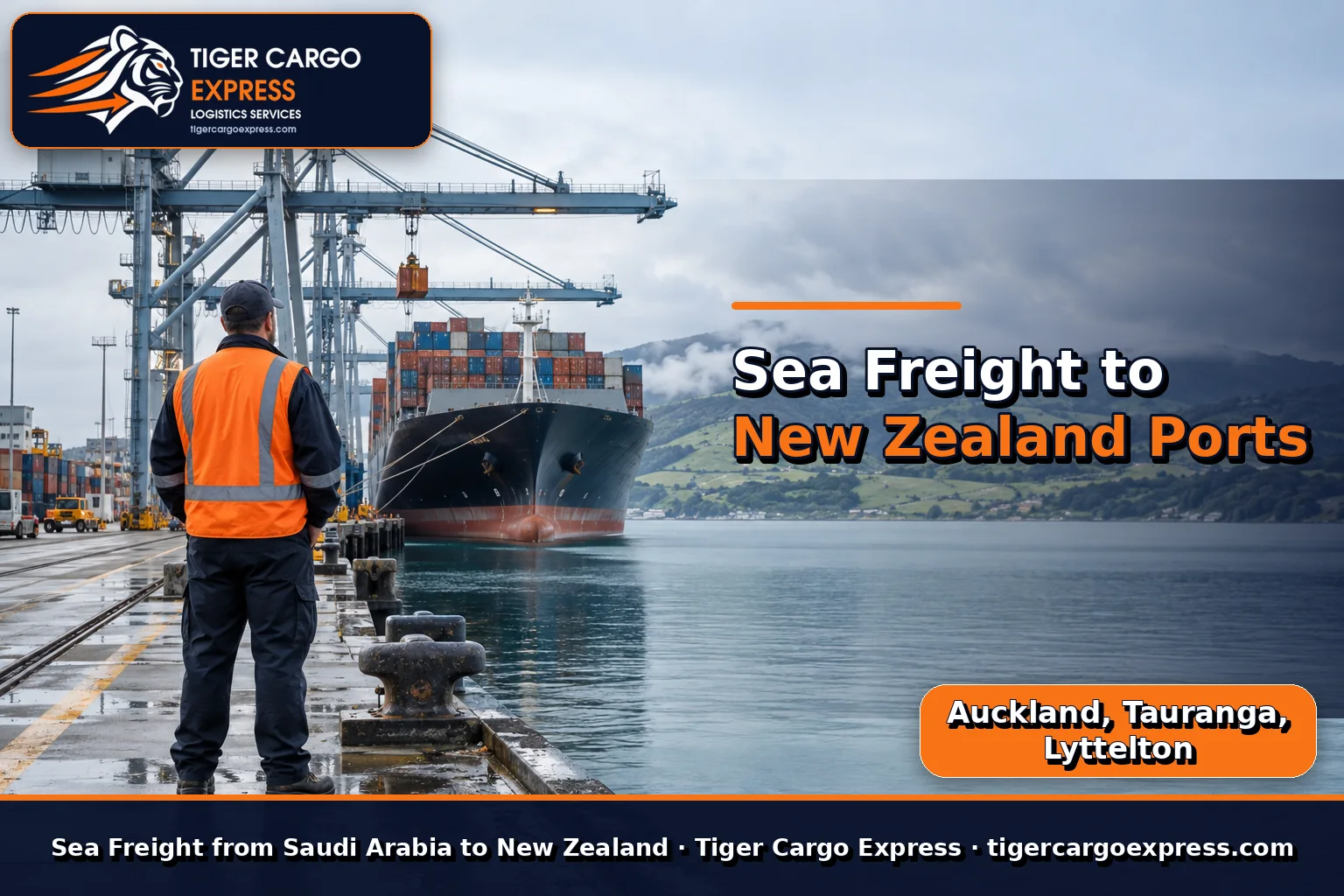 Sea freight from Saudi Arabia to New Zealand ports with green hills behind the quay