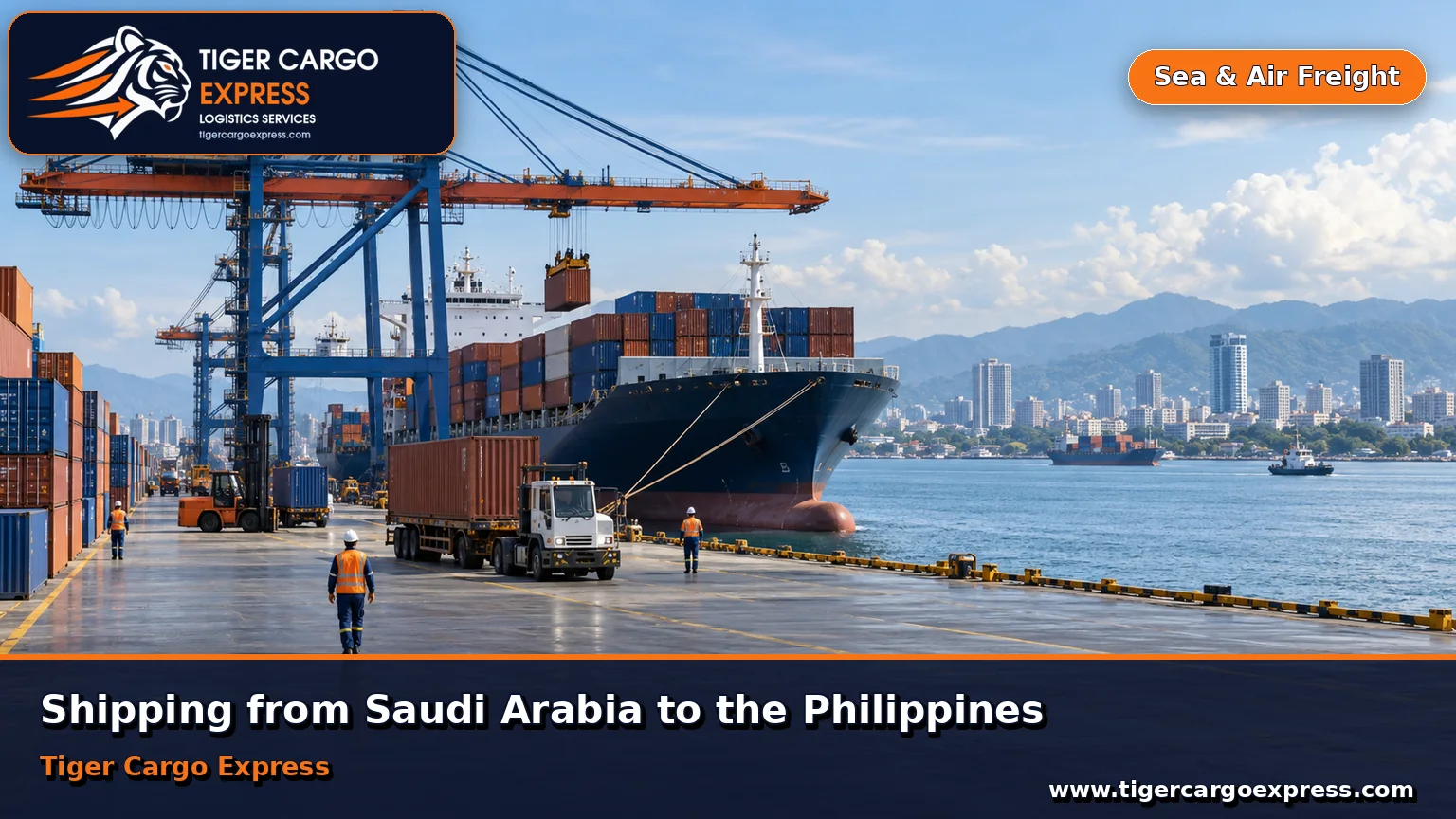 Sea freight from Saudi Arabia to the Port of Manila with container cranes on Manila Bay