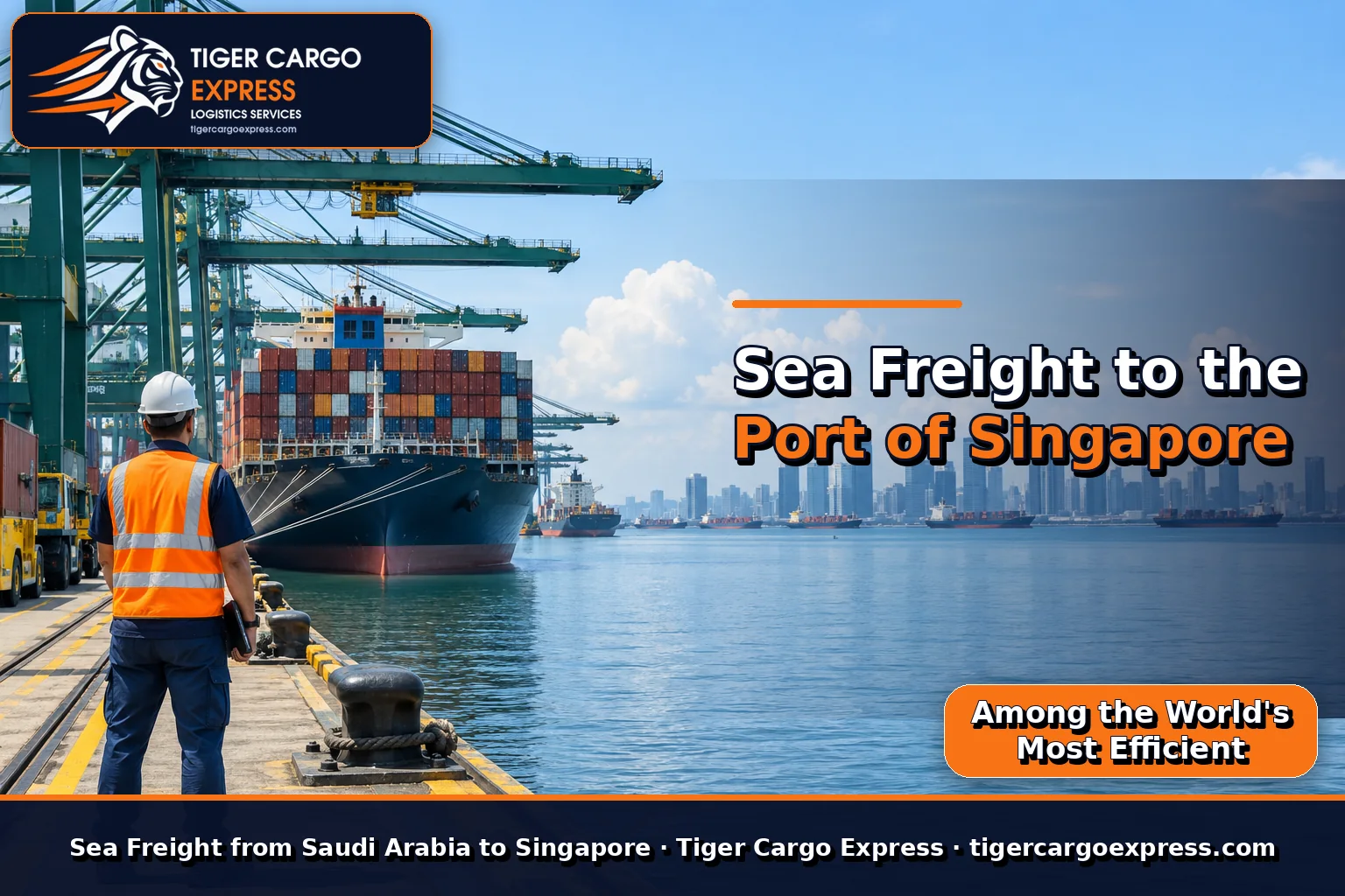 Sea freight from Saudi Arabia to the Port of Singapore with glass towers behind the yard