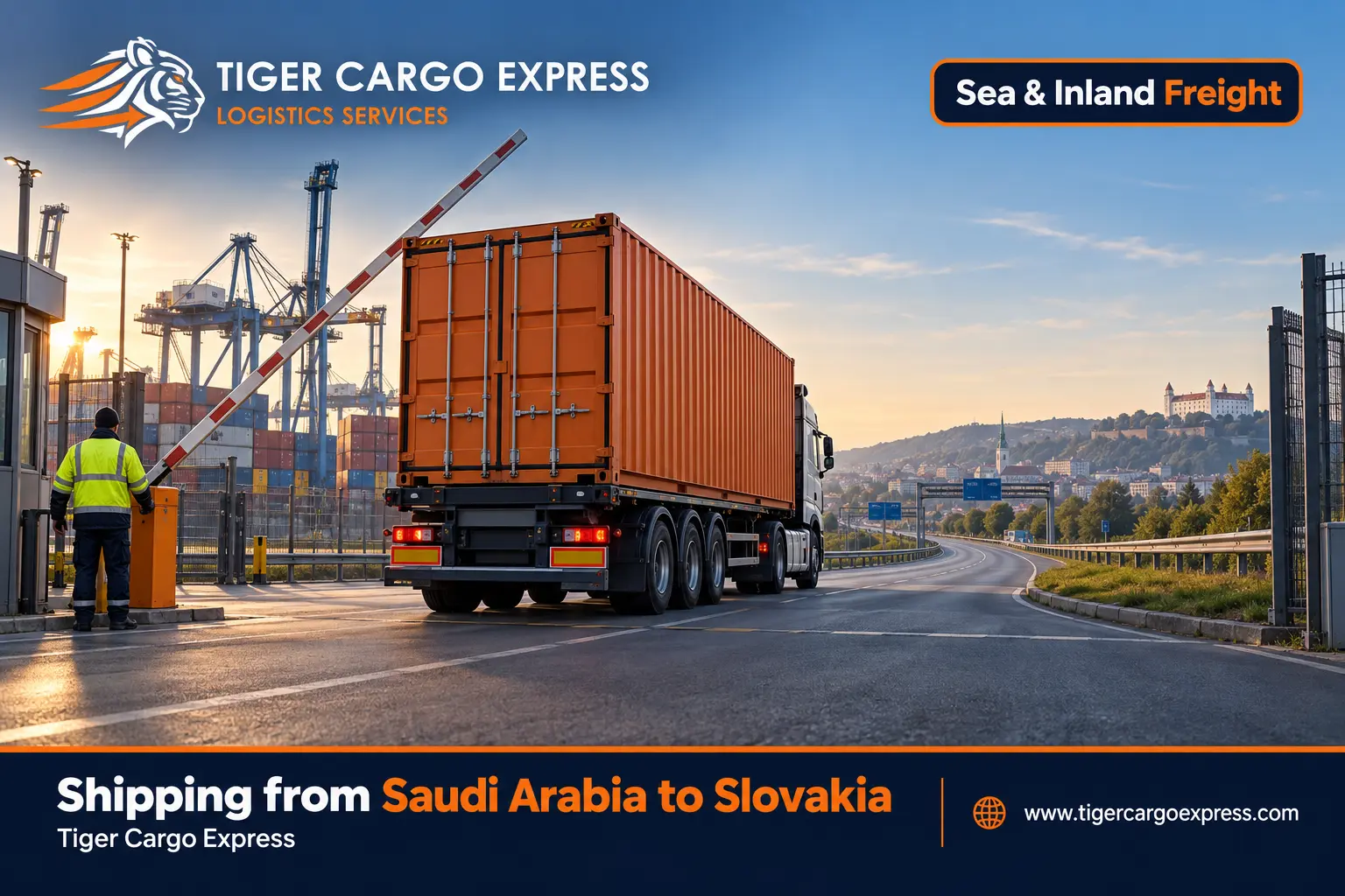A container truck leaving a port gate bound for an inland customs office in Slovakia