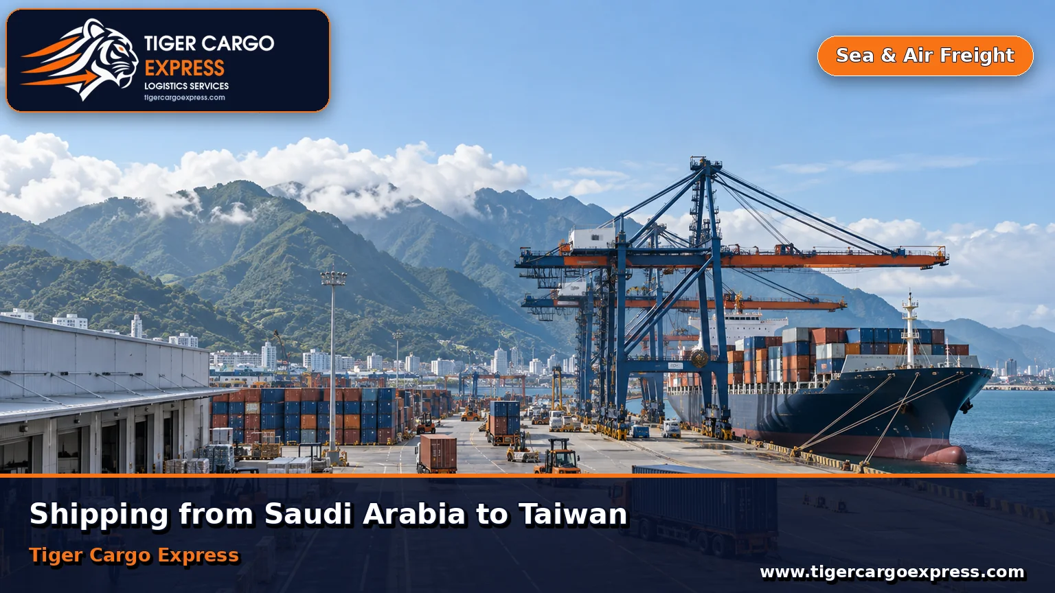 Sea freight from Saudi Arabia to the port of Kaohsiung in Taiwan with green mountains behind the yard