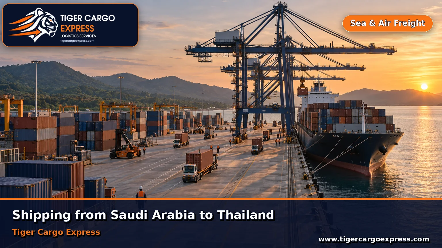 Sea freight from Saudi Arabia to the port of Laem Chabang in evening light