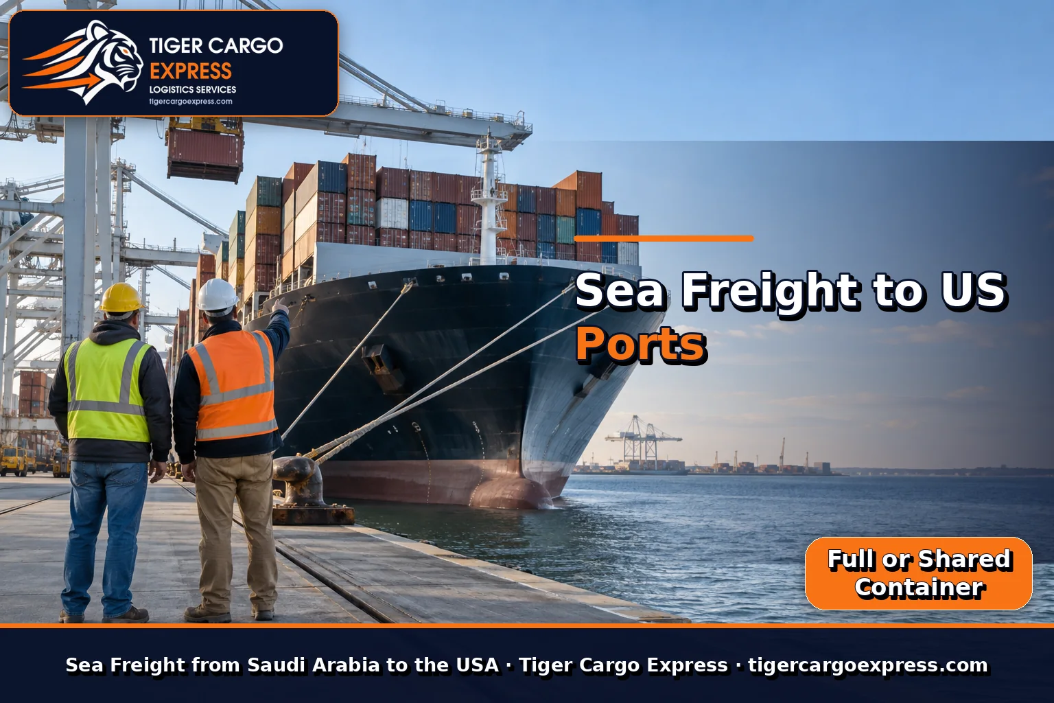 Sea freight from Saudi Arabia to US ports with gantry cranes on the quay