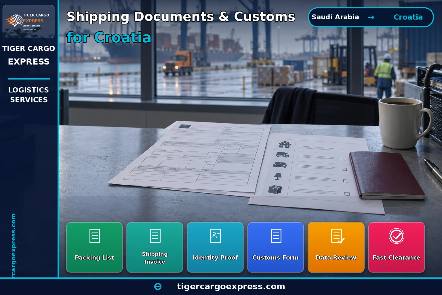 Customs clearance documents for shipping from Saudi Arabia to Croatia on a customs desk