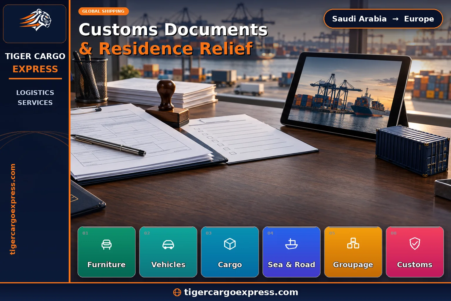 Customs clearance and transfer of residence relief documents for shipping from Saudi Arabia to Europe