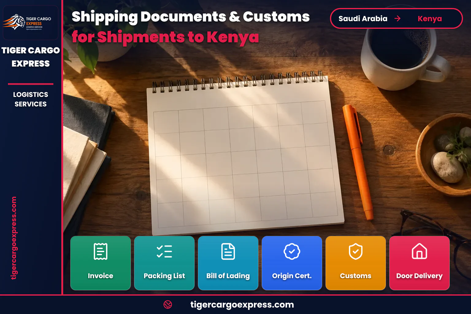 A passport, calendar and clearance documents for shipping from Saudi Arabia to Kenya