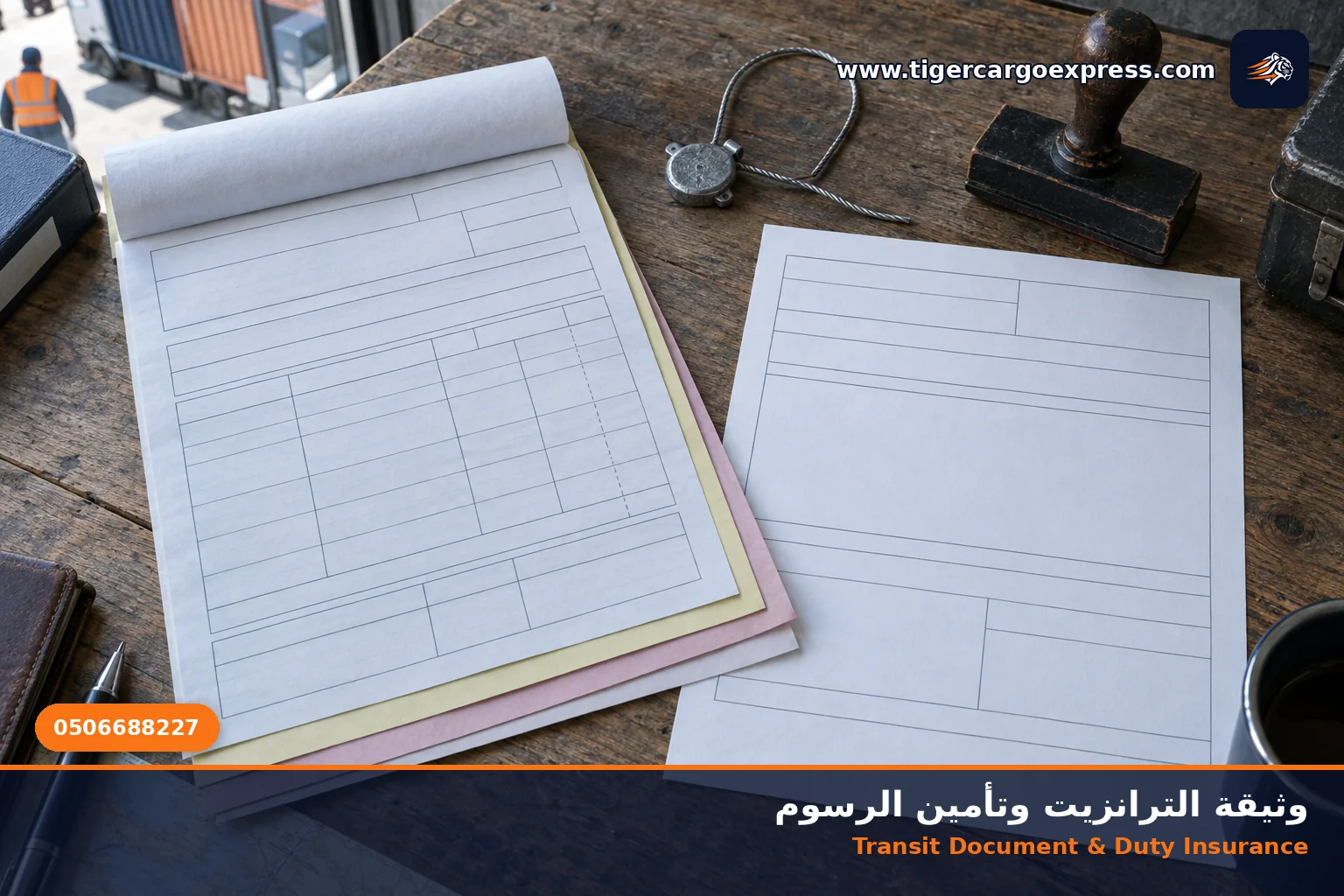 وثيقة ترانزيت وبوليصة تأمين وختم جمركي على مكتب