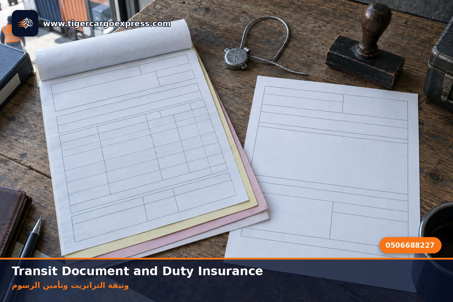 A transit document, an insurance policy and a customs seal on a desk