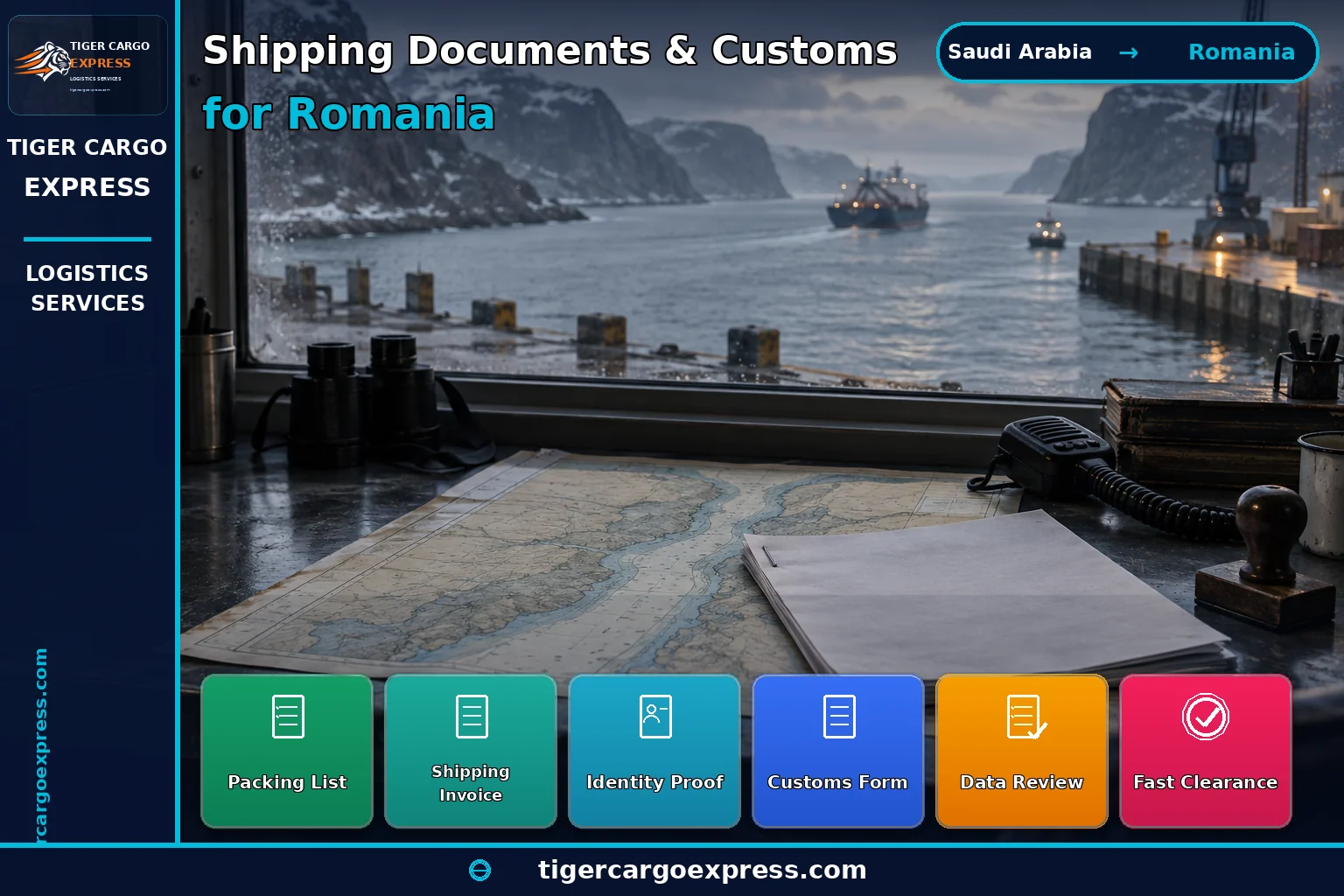 Customs clearance documents for shipping from Saudi Arabia to Romania alongside a straits transit plan