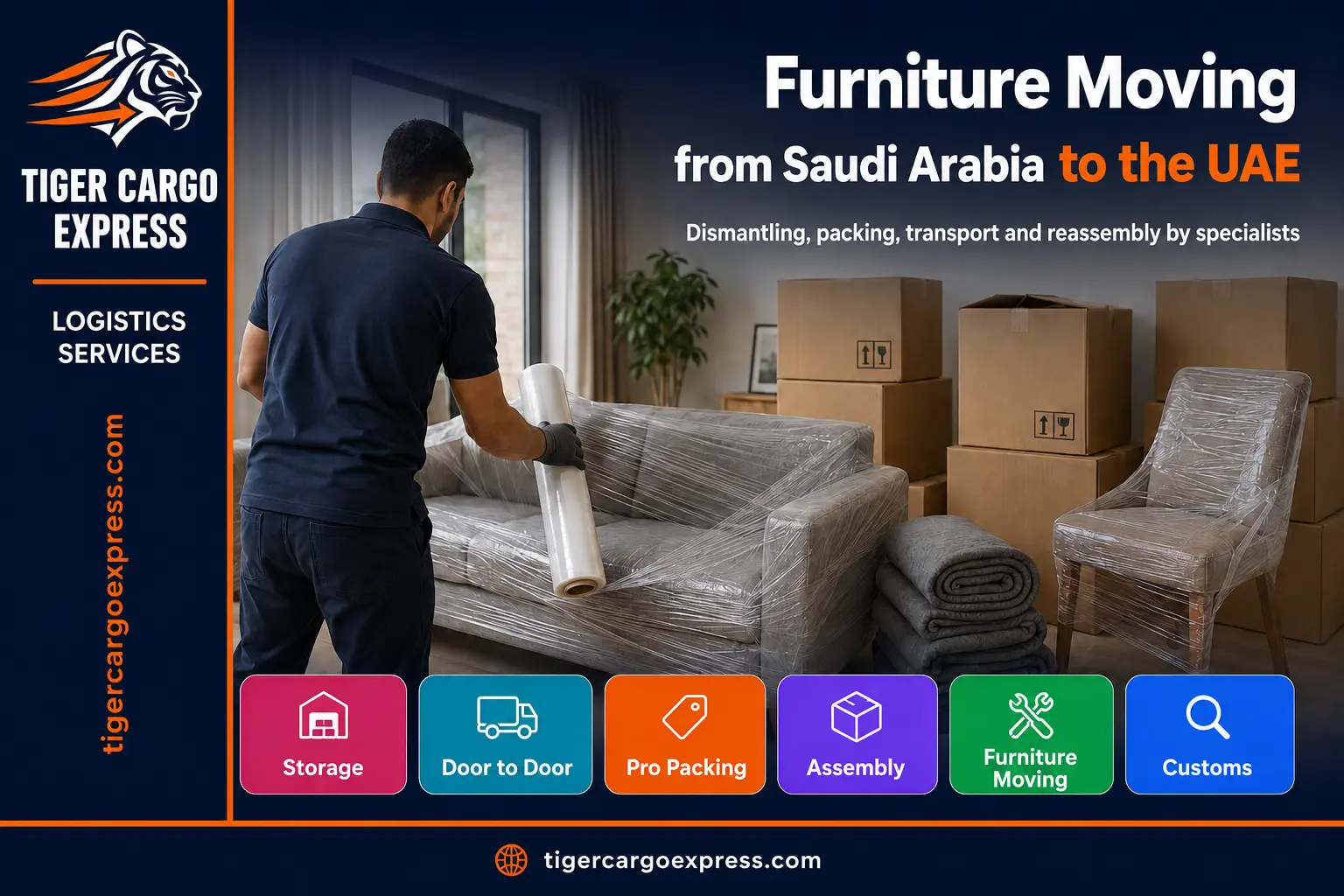 Furniture moving from Saudi Arabia to the UAE — professional wrapping inside the home before shipping