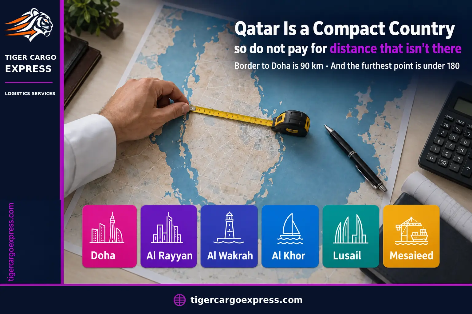 The inland distance in Qatar — Abu Samra to Doha is ninety kilometres